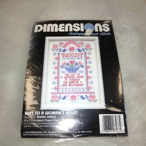 STAMPED CROSS STITCH KIT Dimensions, Way to a Woman's Heart, 5"X7", NEW